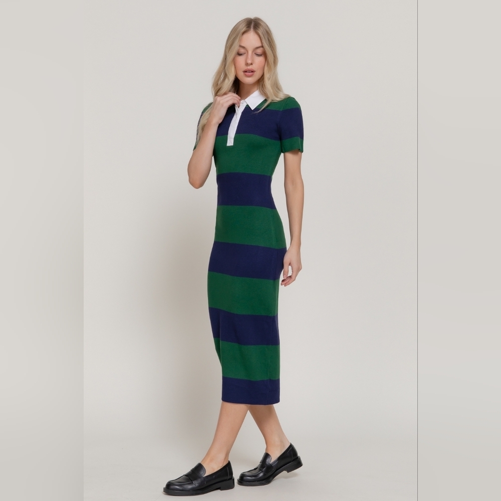 Active USA Striped Knit Polo Midi Dress - Navy & Green Preppy Collared Bodycon